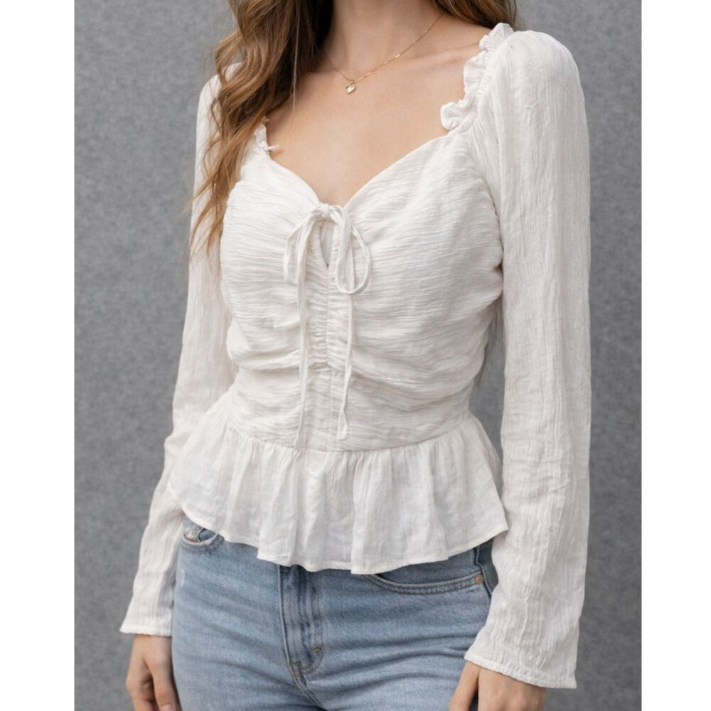 White Ruched Peplum Top Tie Front Cottagecore Ruffle Smocked Sz M